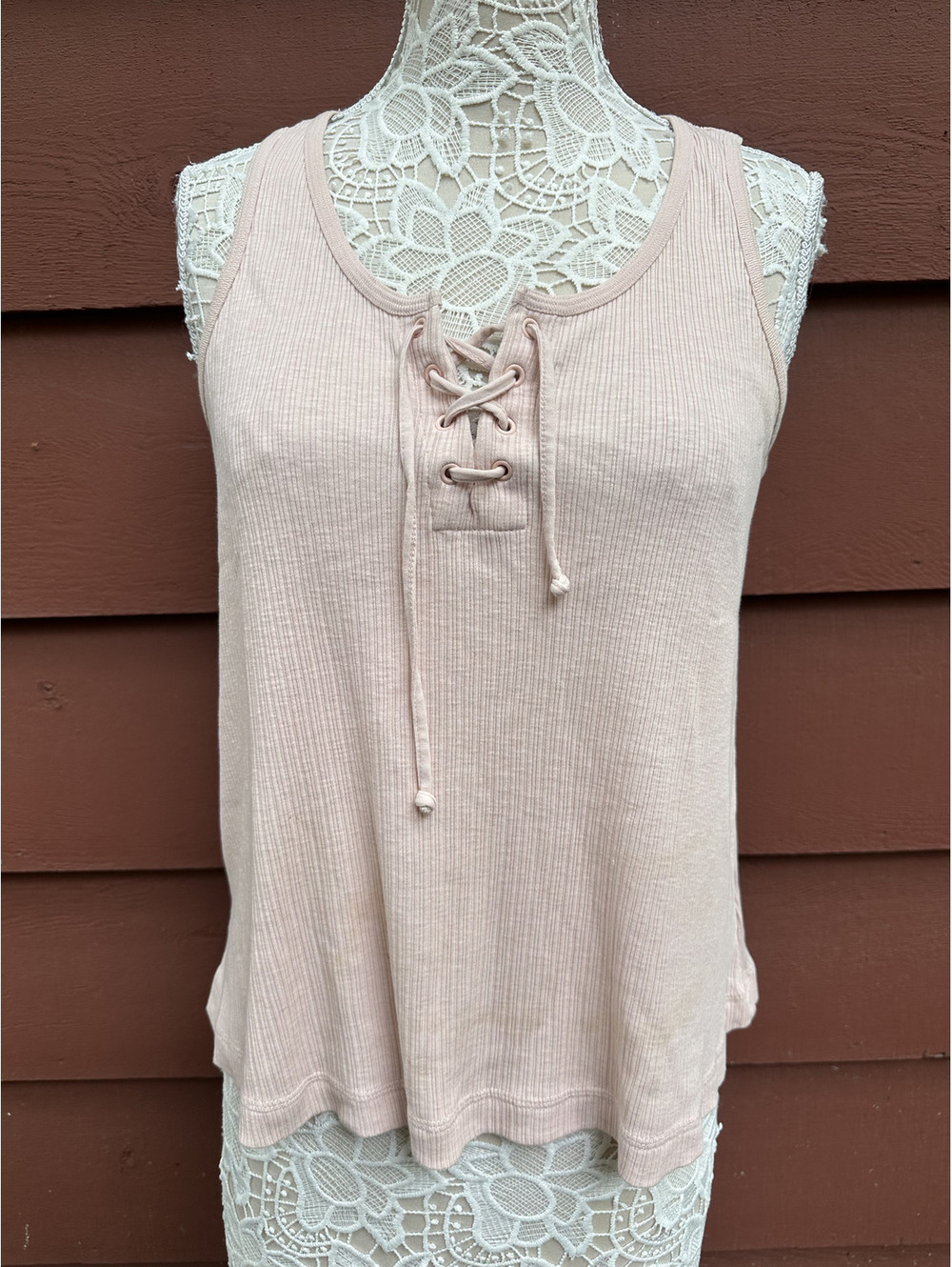 Old Navy Pink Ribbed Lace Up Tank Top Soft Girl Coquette Ballet Y2K